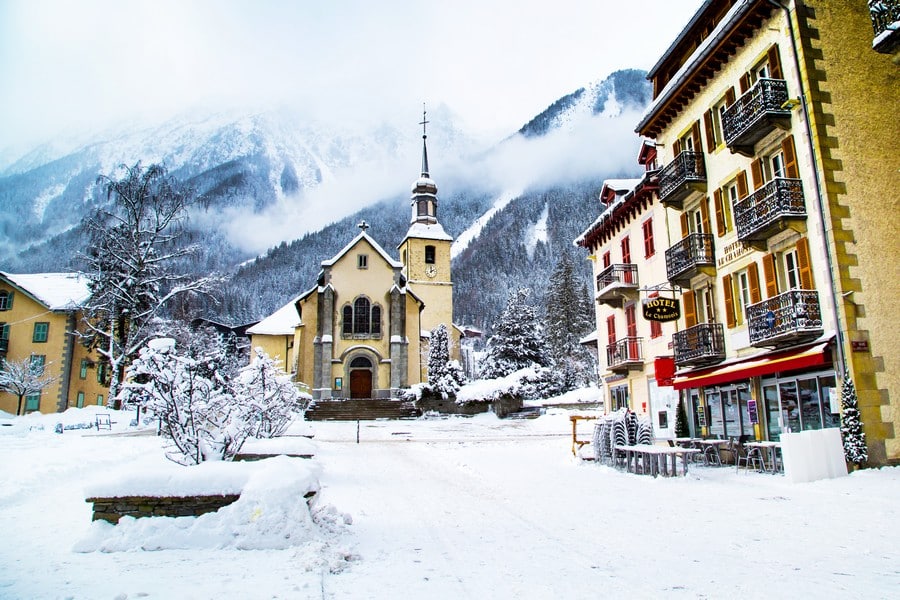 Church in Chamonix town, France, French Alps, part of street  and mountains